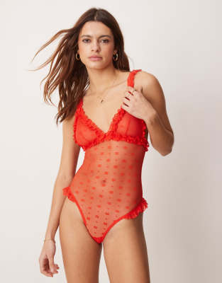 Asos Design Honor Lace Frill Soft Bodysuit In Red