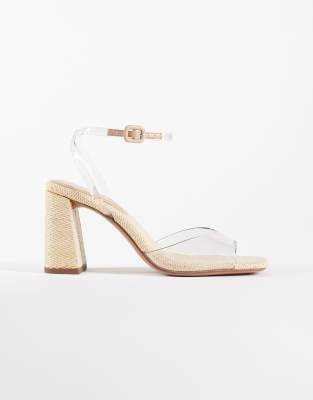 ASOS DESIGN Honour barely there block mid heel sandals in clear and natural