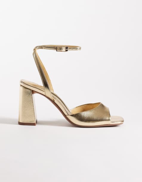 ASOS DESIGN Honour barely there mid block heel sandals in gold - view 1