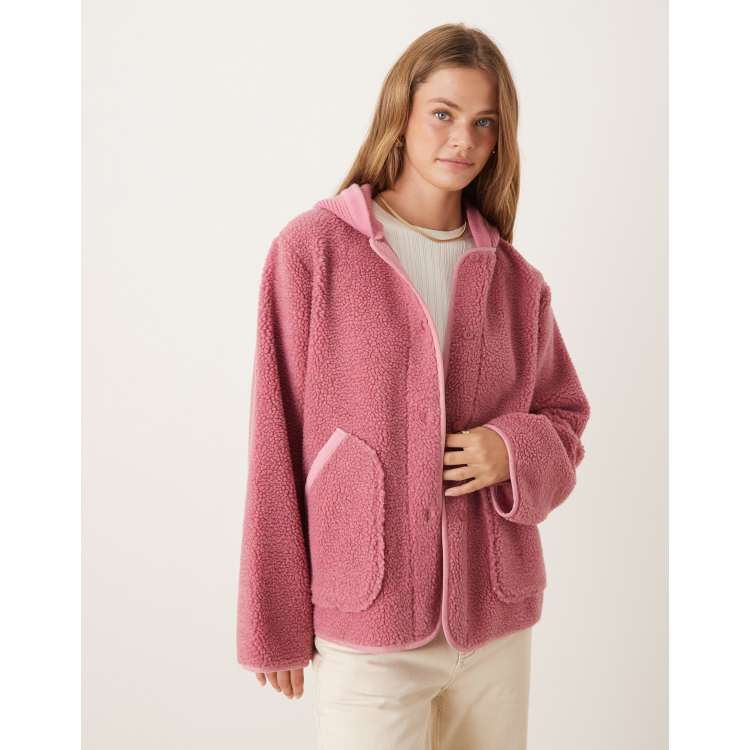 ASOS DESIGN hooded borg fleece and knit mix jacket in tonal rose