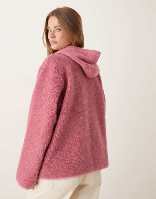 ASOS DESIGN hooded borg fleece and knit mix jacket in tonal rose pink, 3 of 4