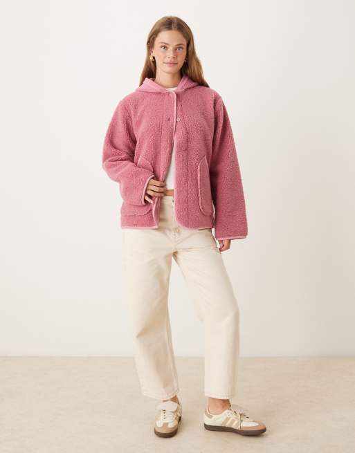 ASOS DESIGN hooded borg fleece and knit mix jacket in tonal rose pink