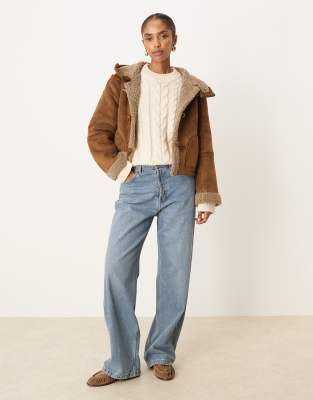Asos Design Hooded Borg Jacket In Brown