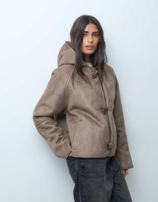Asos Design Hooded Borg Jacket With Toggles In Brown