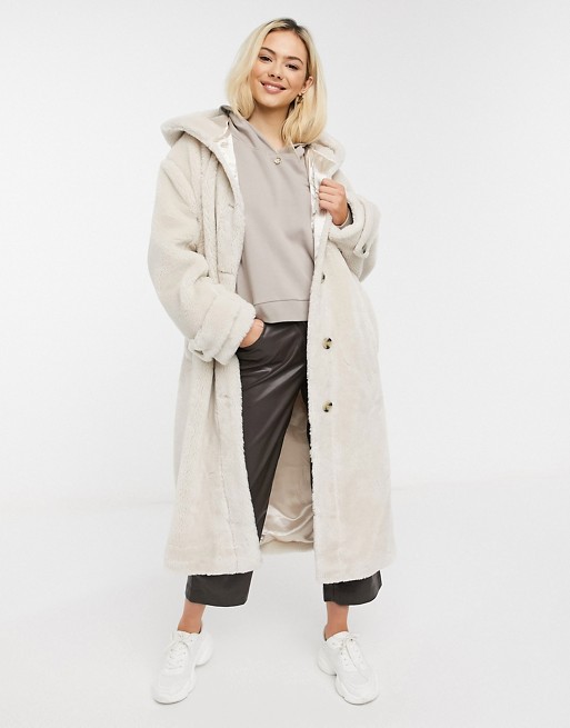 ASOS DESIGN hooded borg maxi coat in cream