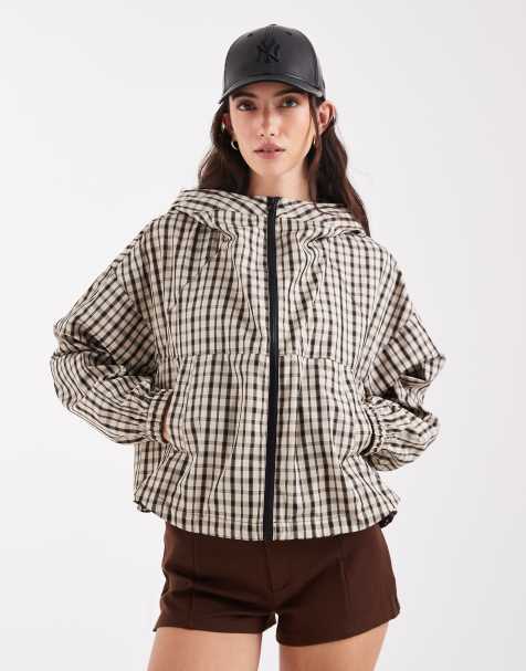 ASOS DESIGN hooded bubble hem bomber jacket in brown plaid - view 1