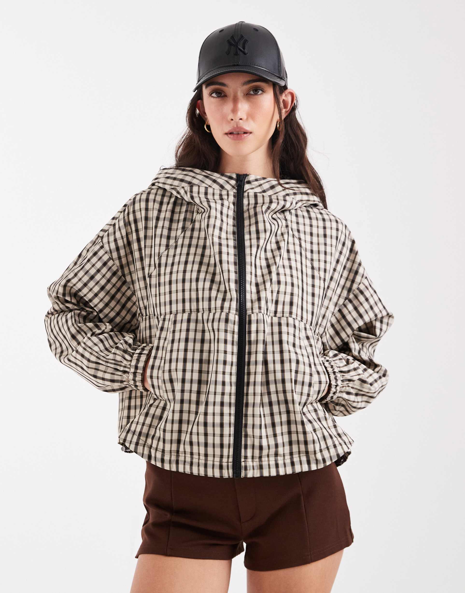 asos design hooded bubble hem bomber jacket in brown plaid