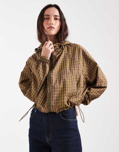 ASOS DESIGN hooded bubble hem bomber jacket in green and blue multi check - view 1