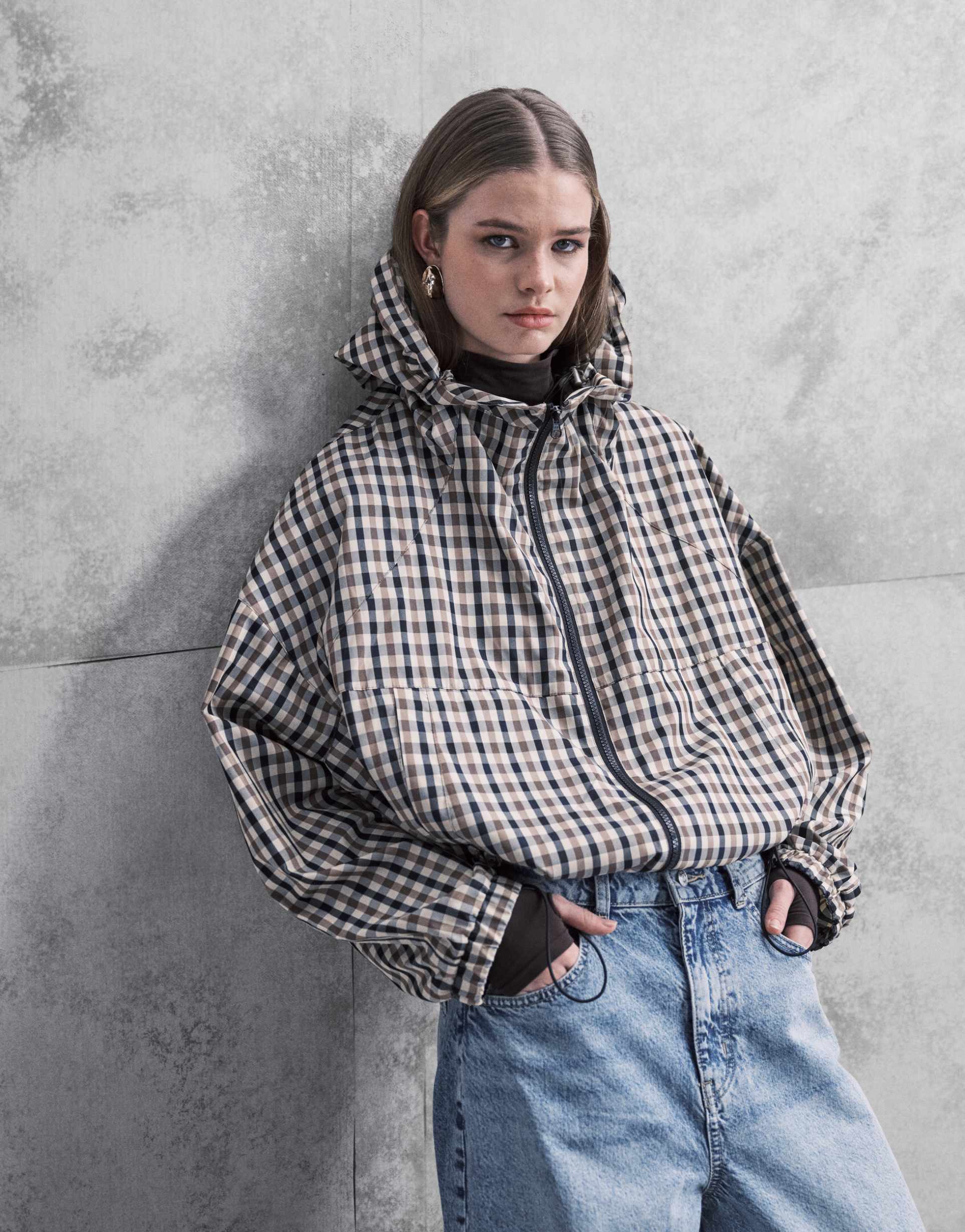 asos design hooded bubble hem bomber jacket in stone multi plaid