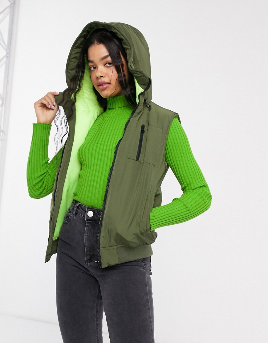 ASOS DESIGN hooded contrast vest jacket in khaki and neon yellow-Green