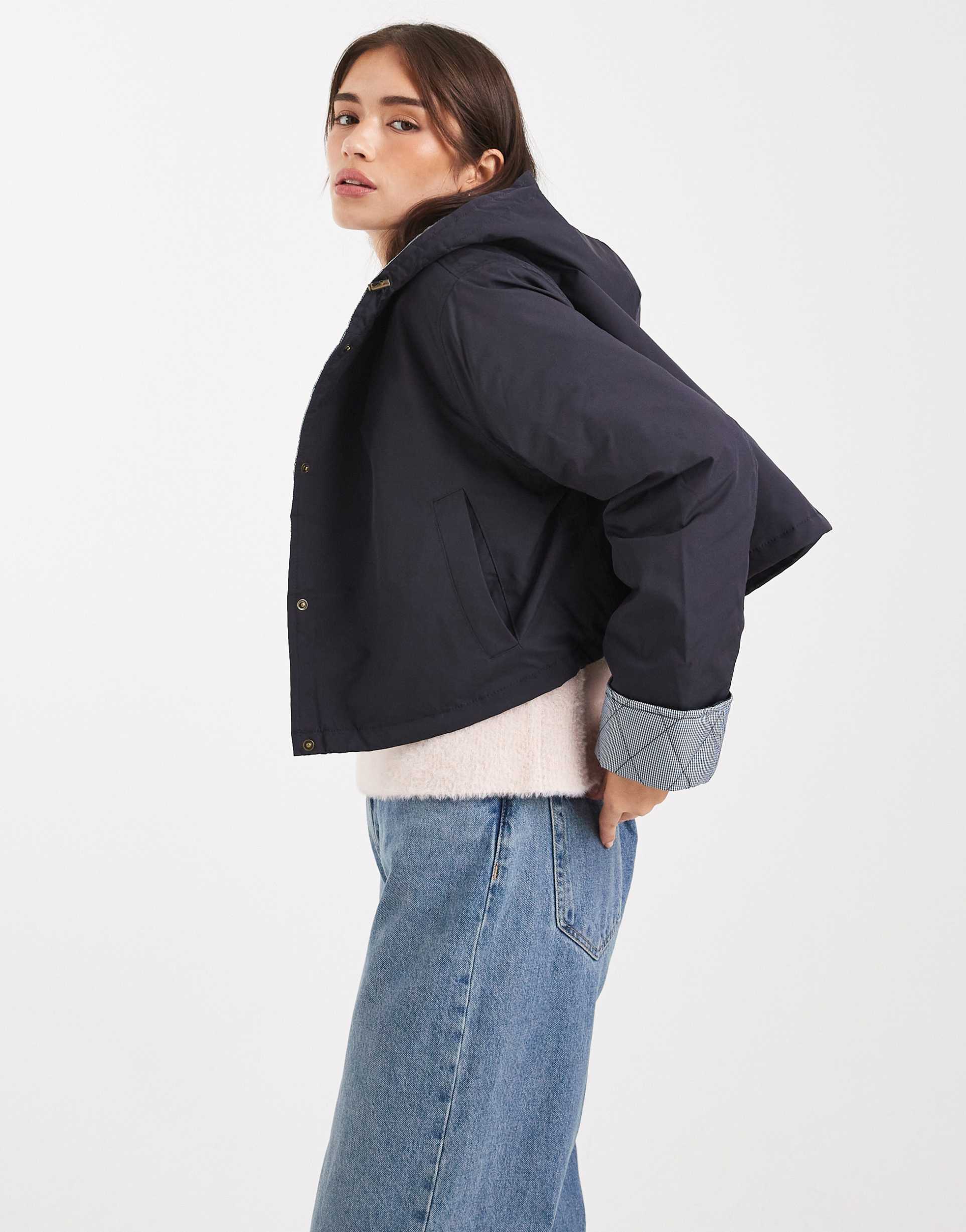 asos design hooded cropped jacket with gingham lining in navy