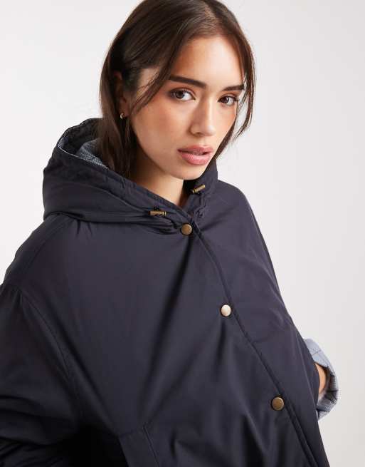 ASOS DESIGN hooded cropped jacket with gingham lining in navy