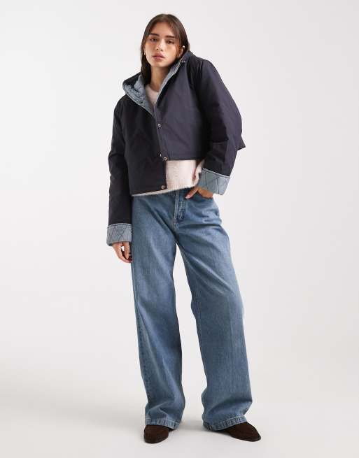 ASOS DESIGN hooded cropped jacket with gingham lining in navy