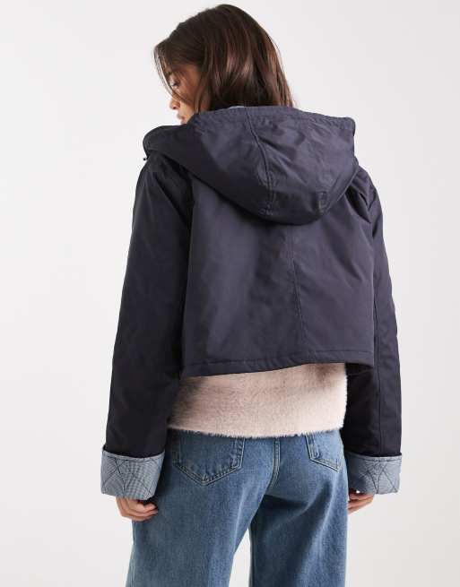 ASOS DESIGN hooded cropped jacket with gingham lining in navy
