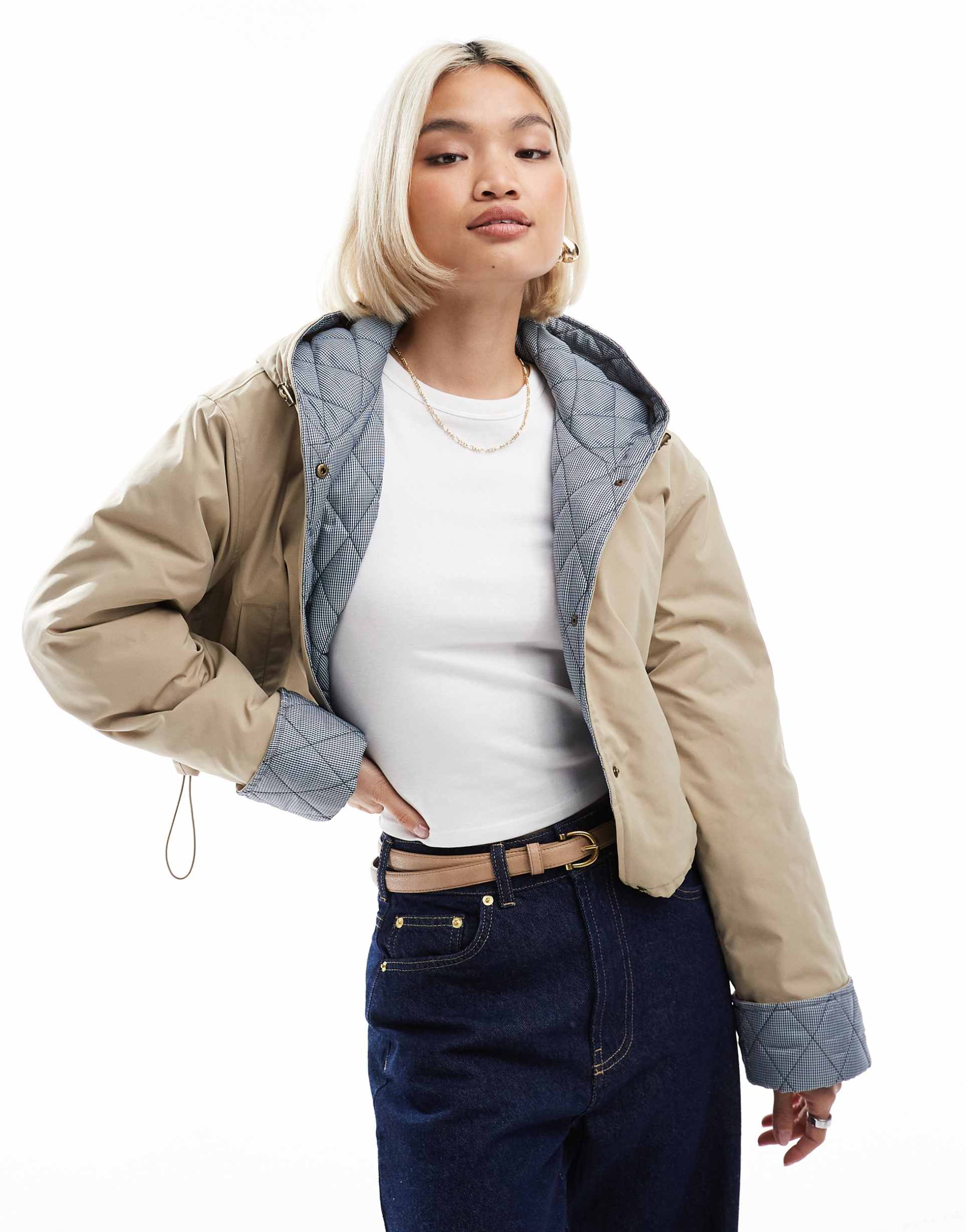 asos design hooded cropped jacket with gingham lining in oatmeal