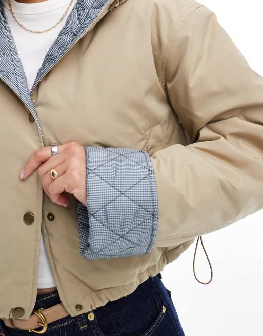 ASOS DESIGN hooded cropped jacket with gingham lining in oatmeal
