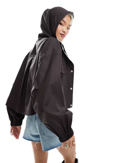 ASOS DESIGN hooded cropped rain jacket in brown contrast