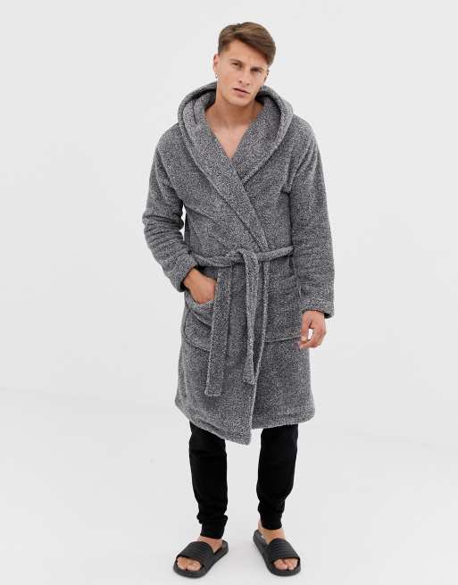 Grey fluffy dressing gown best sale with hood