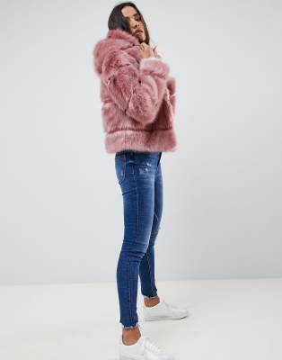 pink hooded faux fur coat