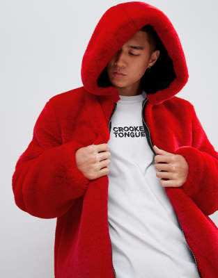 red fur jacket with hood