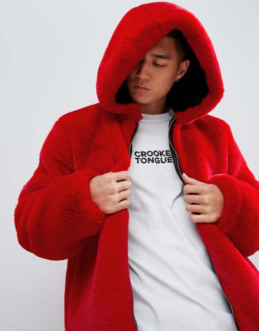 Mens red store faux fur coat