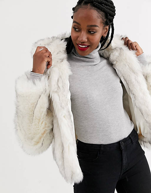 Asos Design Hooded Faux Fur Jacket In, Fluffy Faux Fur Coat Grey And White