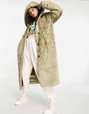 ASOS DESIGN hooded faux fur maxi coat in sage - ASOS Price Checker