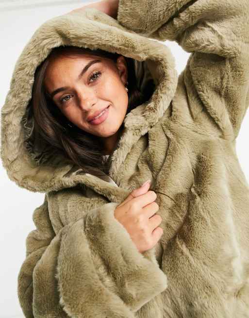 ASOS DESIGN hooded faux fur maxi coat in sage