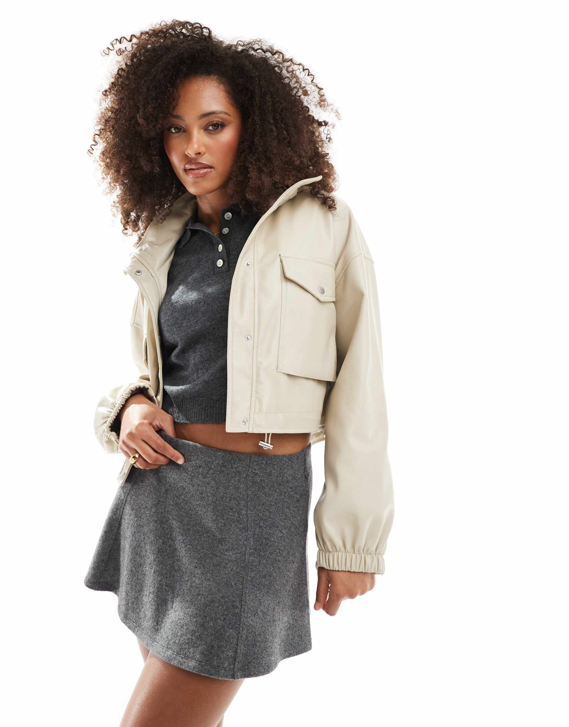 asos design hooded leather look jacket in stone