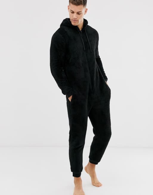 ASOS DESIGN hooded lounge fleece onesie in black ASOS