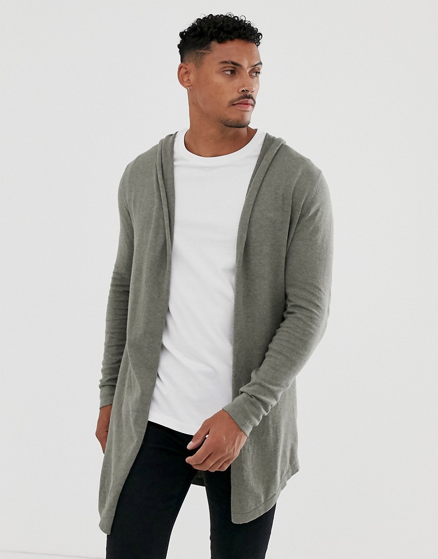 ASOS DESIGN hooded open cardigan with curved hem in khaki-Brown