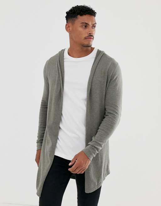 ASOS DESIGN hooded open cardigan with curved hem in khaki