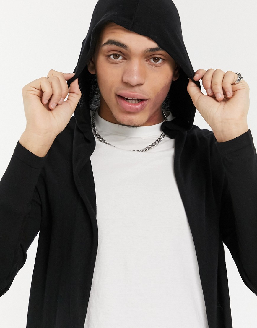 ASOS DESIGN hooded open front cardigan with curved hem in black