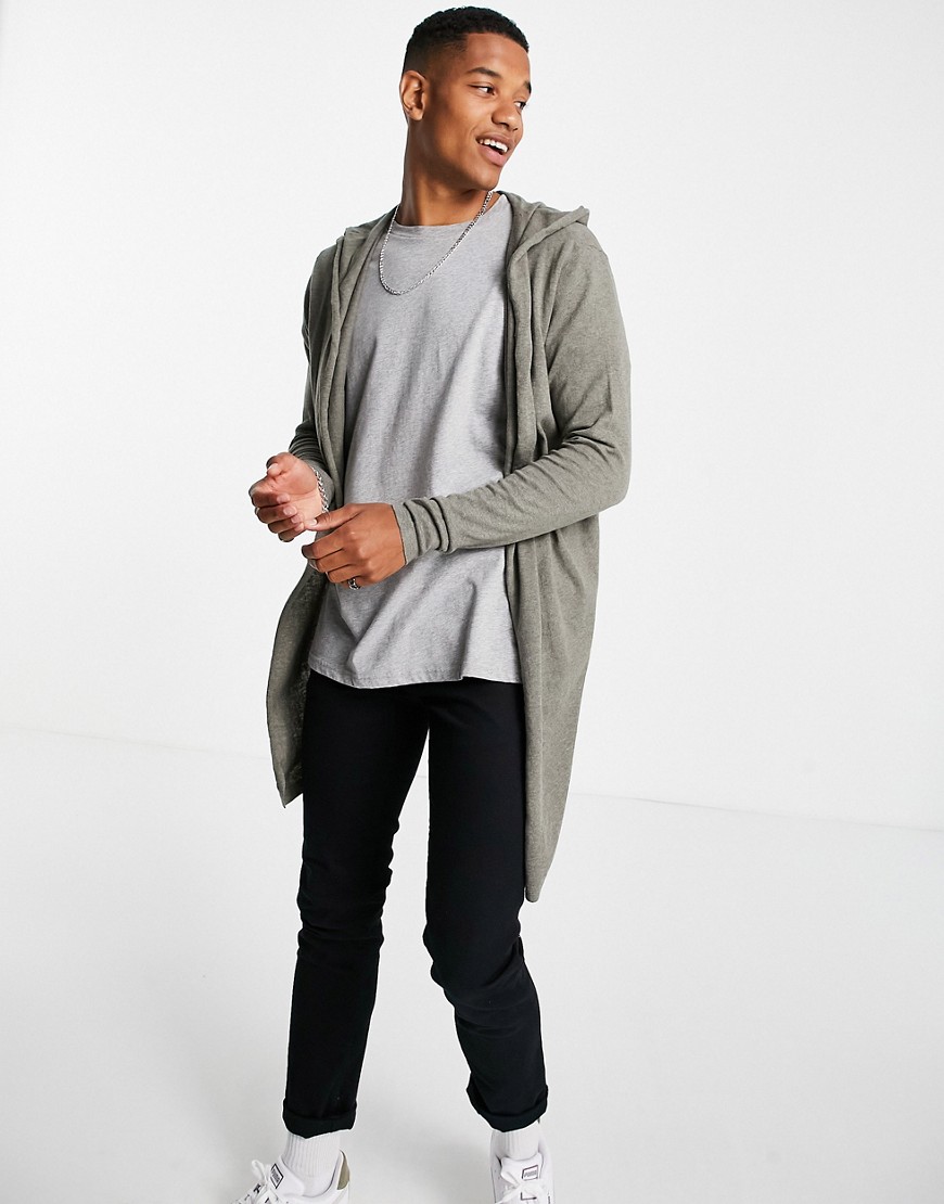 ASOS DESIGN hooded open front cardigan with curved hem-Green