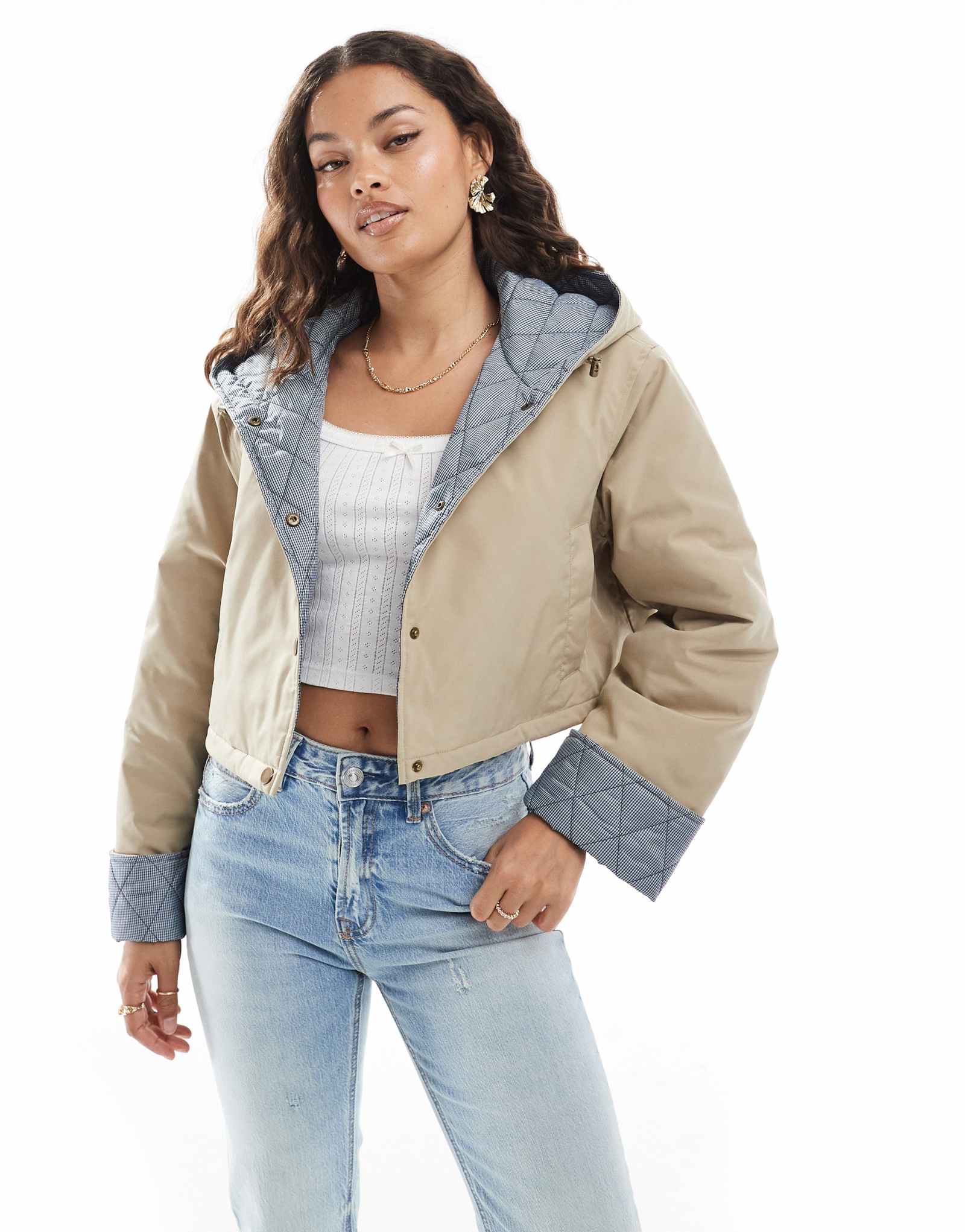 Миниатюрная укороченная куртка ASOS DESIGN с капюшоном и клетчатой подкладкой цвета овсяной муки