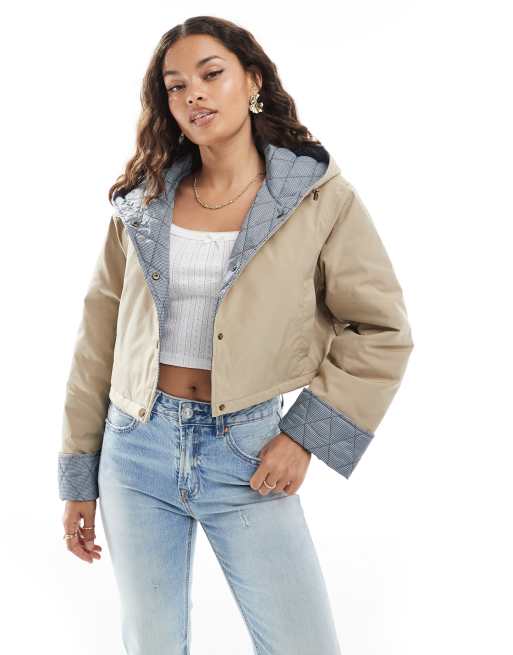 ASOS DESIGN hooded Petite cropped jacket with gingham lining in oatmeal