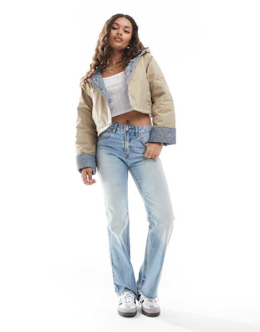 ASOS DESIGN hooded Petite cropped jacket with gingham lining in oatmeal