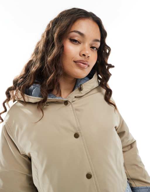 ASOS DESIGN hooded Petite cropped jacket with gingham lining in oatmeal