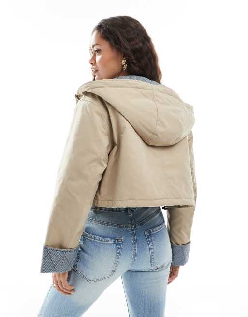 ASOS DESIGN hooded Petite cropped jacket with gingham lining in oatmeal