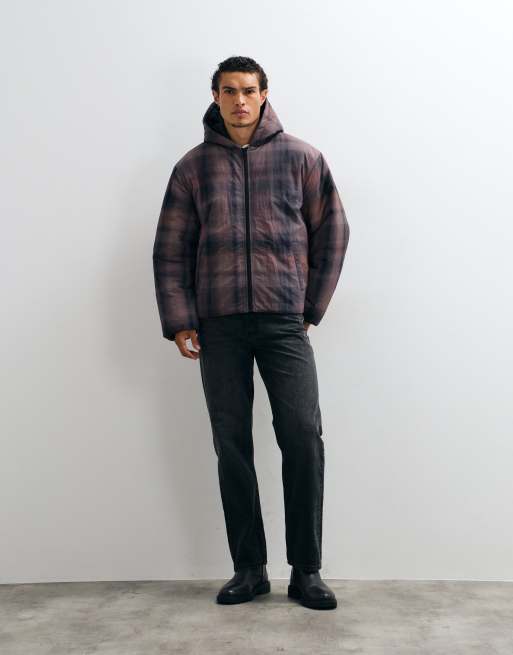 ASOS DESIGN hooded puffer jacket in pink and blue check, 2 of 5