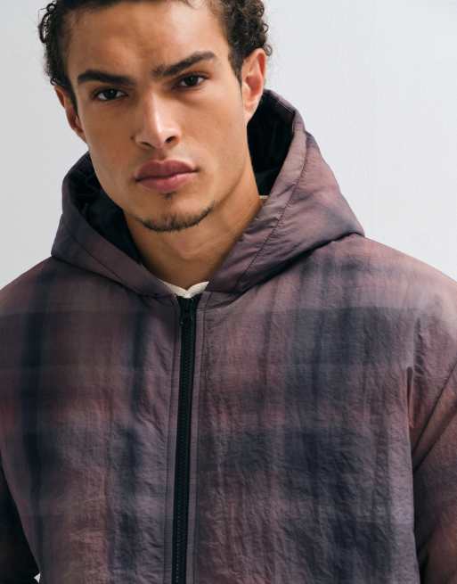 ASOS DESIGN hooded puffer jacket in pink and blue check, 3 of 5