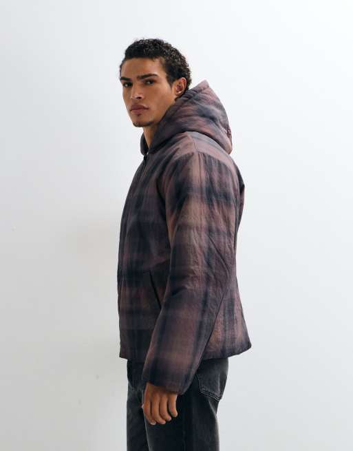 ASOS DESIGN hooded puffer jacket in pink and blue check, 4 of 5