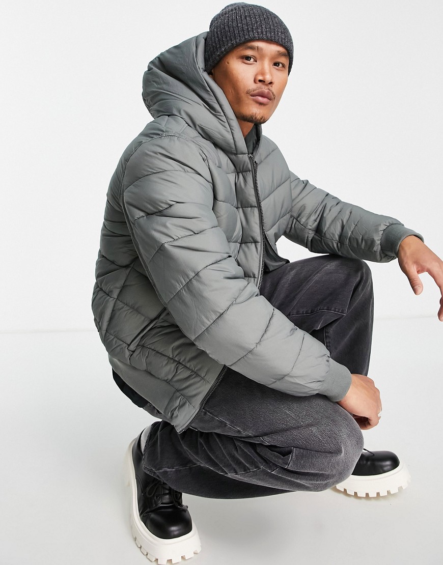 ASOS DESIGN hooded quilted bomber jacket in gray-Green