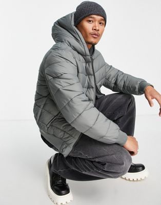 ASOS DESIGN hooded quilted bomber jacket in grey - ASOS Price Checker