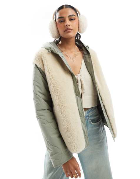 ASOS DESIGN hooded quilted borg jacket in sage - view 1