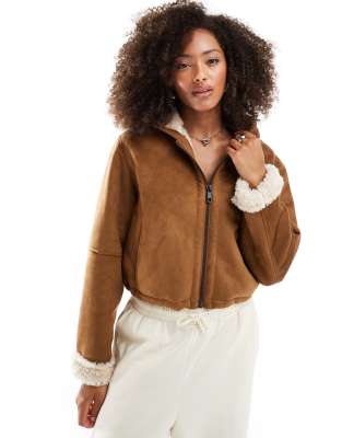 ASOS DESIGN hooded shearling jacket in tan-Brown
