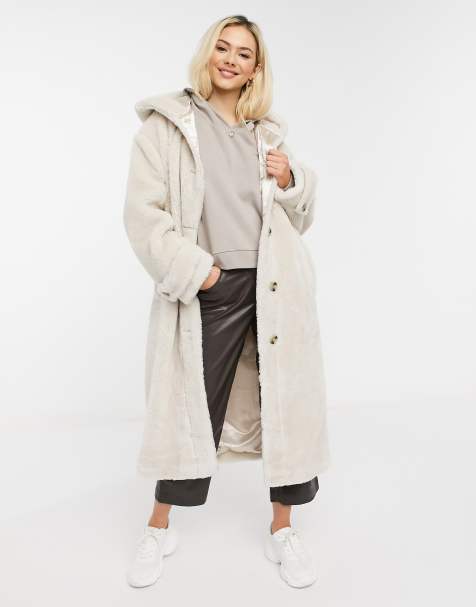 ASOS DESIGN hooded teddy maxi coat in cream - view 1