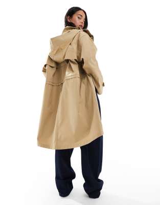 Asos Design Hooded Washed Trench Coat In Neutral