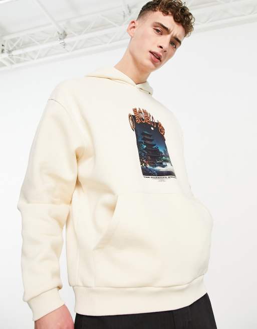 ASOS DESIGN hoodie in beige with photographic front and text back print