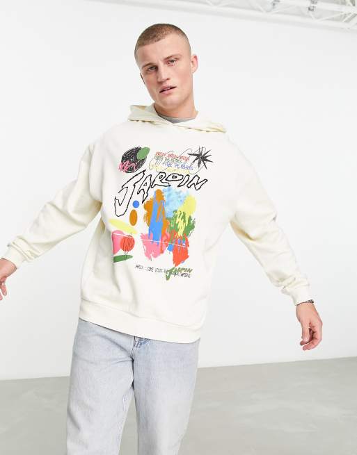 ASOS DESIGN hoodie in off white with art paint print and embroidery